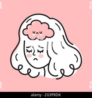 Cute woman head with sad brain inside. Girl woman in bad mood, mental, emotional condition problem concept. Vector hand drawn cartoon character illustration icon. Bipolar disorder, depression concept Stock Vector