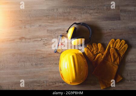 A desk of contractor engineers.collection of working tools on a workbench,Carpenter tools – A carpenters bench with various tools Stock Photo