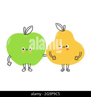 Cute funny pear and apple fruits. Vector hand drawn cartoon kawaii doodle character illustration icon. Lemon,strawberry and apple cartoon character concept. Isolated on white background Stock Vector