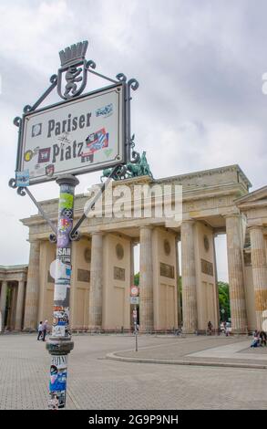 Berlin June 2020: Sign 'Pariser Platz' in front of the Brandenburg Gate Stock Photo