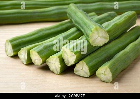 Fresh raw green sliced moringa beans close up Stock Photo