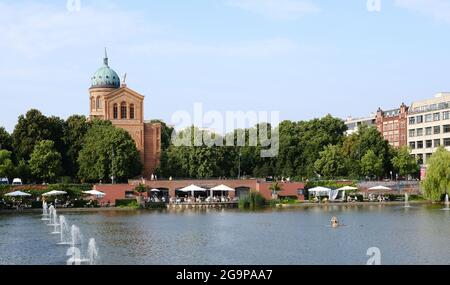 Berlin, Germany, July 13, 2021, view over the Angel Basin to the St. Michael Church Stock Photo