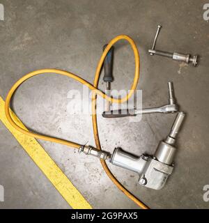 Auto mechanic working tools, top view Stock Photo