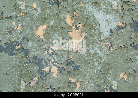 Concrete wall painted with gray-green paint, badly cracked old paint on metal. Stock Photo