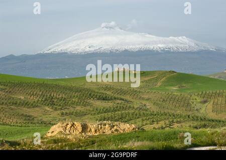 a abandoned farmhouse on the green hills  and wrapped in a light mist the massive volcano Etna covered by snow Stock Photo