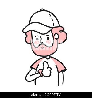 Young happy smile bearded man showing thumbs up. Vector doodle cartoon character illustration. Isolated on white backgound. Man show thumbs up, positive expression concept Stock Vector