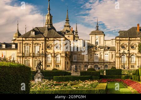 View of the Royal Palace of La Granja de San Ildefonso, in Baroque style, from its gardens. Stock Photo