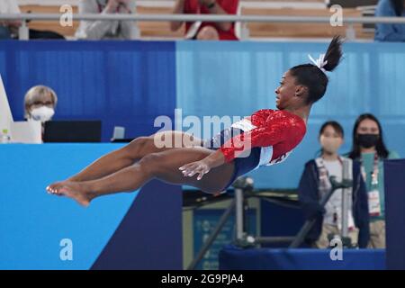 Tokyo, Japan. 27th July, 2021. Simone Biles of the United States competes in the vault in the women's artistic team all-around finals at the Tokyo 2020 Summer Olympic Games in Tokyo, Japan on Tuesday, July 27, 2021. Biles was injured in the vault and withdrew from the competition. Photo by Richard Ellis/UPI. Credit: UPI/Alamy Live News Stock Photo