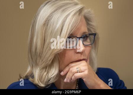 Washington, United States. 27th July, 2021. U.S. Representative Liz Cheney (R-WY) listens to testimony from Metropolitan Police Department Officer Daniel Hodges recall how he was assaulted during the January 6 attack on the U.S. Capitol at the Canon House Office Building in Washington, DC on Tuesday, on July 27, 2021. About 140 police officers were injured when they were trampled by the former President Donald Trump supporters aiming to overthrow the 2020 presidential election. Five people died. Pool Photo by Brendan Smialowski/UPI Credit: UPI/Alamy Live News Stock Photo