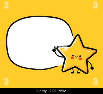 Cute funny happy star sign character with text box. Vector hand drawn cartoon kawaii character illustration icon. Star rating symbol, review doodle character concept Stock Vector