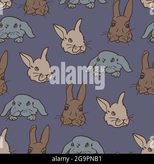 Vector seamless pattern with different bunny faces on blue background. Design with hares. Stock Vector