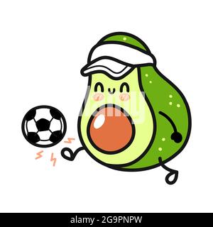 Cute funny happy avocado play football.Vector hand drawn cartoon doodle kawaii character illustration icon.Isolated on white background.Avocado, soccer, football cartoon smile happy character concept Stock Vector