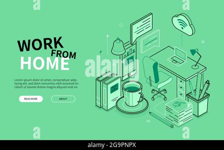 Work from home - line design style isometric banner. Remote office and online communication header. Green background and text field. Laptop, earning m Stock Vector