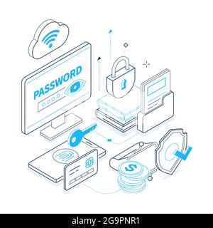 Internet security - black and blue isometric line illustration. Personal data protection and antivirus idea. Password entering, software bag, alarm sy Stock Vector