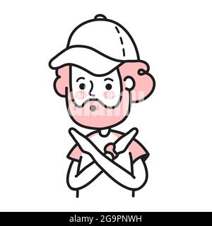Young bearded man crossing arms and saying no gesture. Vector doodle cartoon character illustration. Isolated on white backgound. Person making X shape, stop sign with hands and negative expression Stock Vector