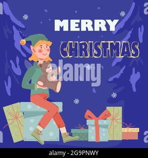 Banner or greeting card with happy Christmas elf boy sitting on stack of gift boxes, flat vector illustration. Christmas poster or greeting holiday ca Stock Vector