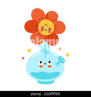 Cute happy bong with flower character. Vector hand drawn cartoon kawaii character illustration icon. Isolated on white background. Smoking bong for weed, cannabis, marijuana cartoon character concept Stock Vector