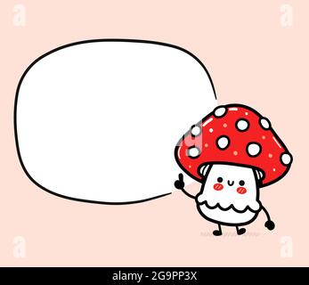 Cute funny happy amanita mushroom with empty text box. Vector hand drawn cartoon kawaii character illustration icon. Isolated on white background. Funny amanita mushroom mascot character concept Stock Vector