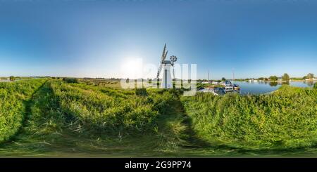 360 degree panoramic view of Thurne, Norfolk, UK – July 2021. Full spherical seamless panorama 360 degree angle view of Thurne Dyke on a sunny, Norfolk Broads