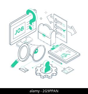 Job search - isometric green and black line illustration. HR and employment idea. Recruitment company website, open vacancy, partnership agreement, qu Stock Vector