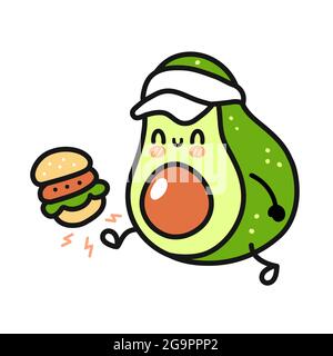 Cute funny happy avocado kick burger.Vector hand drawn cartoon doodle kawaii character illustration icon.Isolated on white background.Avocado, sport, healthy food cartoon smile happy character concept Stock Vector