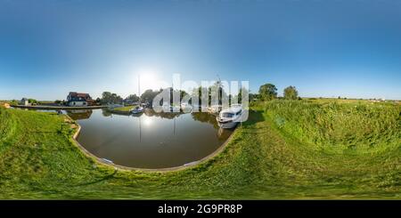 360 degree panoramic view of Thurne, Norfolk, UK – July 2021. Full spherical seamless panorama 360 degree angle view of Thurne Dyke on a sunny, Norfolk Broads