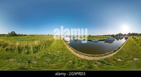 360 degree panoramic view of Thurne, Norfolk, UK – July 2021. Full spherical seamless panorama 360 degree angle view of Thurne Dyke on a sunny, Norfolk Broads