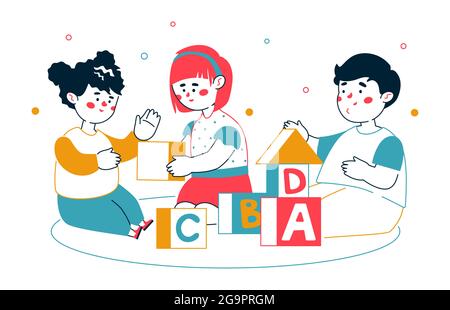 Children playing blocks - colorful line design style illustration with cartoon characters. Education, leisure activities for kids. Happy girls and boy Stock Vector