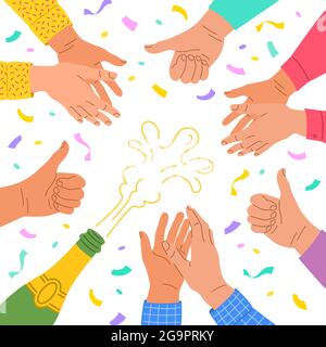 Clapping human hands. Group of men and women congratulates a winner with applause and champagne . Business team celebrates successful work. Teamwork a Stock Vector