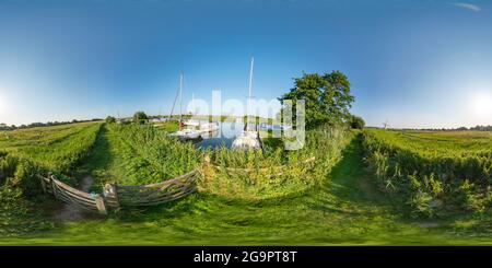 360 degree panoramic view of Thurne, Norfolk, UK – July 2021. Full spherical seamless panorama 360 degree angle view of Thurne Dyke on a sunny, Norfolk Broads