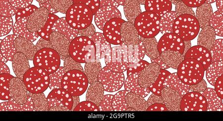 Seamless pattern with slices of various salami sausage on white background. Top view meal. Cartoon flat style. Vector illustration Stock Vector