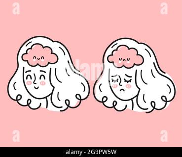 Cute young woman head with sad and happy brain inside. Good and bad mood, mental, emotional condition concept. Vector cartoon character illustration icon. Bipolar disorder girl, depression concept Stock Vector