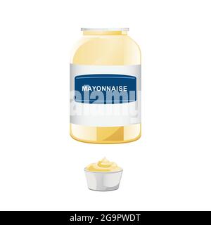 Mayonnaise in glass bottle with ceramic bowl. Jar with white sauce. Condiment container in cartoon style. Vector illustration. Stock Vector