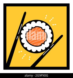 Chopsticks holding sushi roll. Vector hand drawn cartoon doodle illustration vintage logo icon. Sushi maki roll with salmon, chopsticks, asian food restaurant logo concept Stock Vector