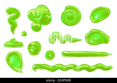 Green slime in flat cartoon style set. Toxic jelly splashes, drops or stains. Vector design for Halloween. Stock Vector