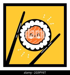 Chopsticks holding happy sushi roll character. Vector hand drawn cartoon kawaii doodle character illustration logo icon. Sushi roll cartoon face, chopsticks, asian food restaurant logo concept Stock Vector