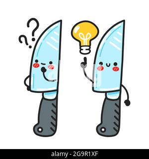 Cute funny kitchen chef knife character with question and idea. Vector flat cartoon kawaii character illustration icon. Isolated on white background. Chef cooking knife cartoon character concept Stock Vector