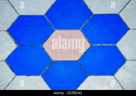 Vintage floor tile decorates a sidewalk, July 23, 2021, in Mobile, Alabama. Stock Photo