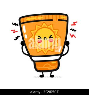 Cute funny sad suscreen tube. Vector flat line cartoon kawaii character illustration icon. Isolated on white background. Sunscreen, sun protection cream care,sunblock screen character concept Stock Vector