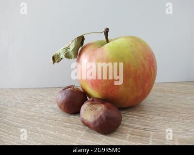 Ripe apple and chestnuts on the table symbolizing autumn. Stock Photo