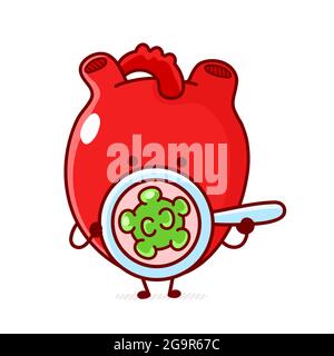 Cute funny human heart organ look at bacteria, virus. Vector doodle cartoon kawaii character illustration. Isolated on white background. Human heart organ, virus, cancer mascot character concept Stock Vector