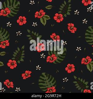 Red tropical hibiscus flower seamless pattern. Nature summer art on a black background. Elegance plant vector hawaii illustration. Stock Vector