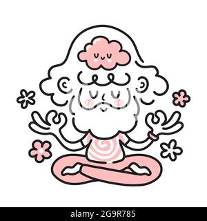 Cute meditating hippie man with happy brain inside. Vector cartoon character illustration icon. Isolated on white backgound. Man, guy in mental harmony, meditation, mindfulness concept Stock Vector