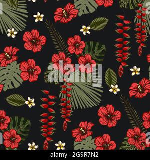 Red tropical hibiscus and heliconia flower seamless pattern. Nature summer art on a black background. Elegance plant vector hawaii illustration. Stock Vector