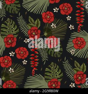 Red tropical rose hibiscus and heliconia flower seamless pattern. Nature summer art on a black background. Elegance plant vector hawaii illustration. Stock Vector
