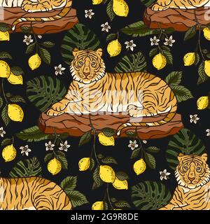 Exotic tropical animal wild tiger seamless pattern. Wildlife nature jungle art on a black background. Tropic zoo print illustration. Stock Vector