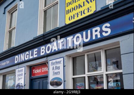 Dingle, Ireland- July 8, 2021: The shop front sign for Dingle Boat Tours in Ireland Stock Photo