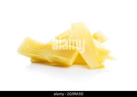 Sliced canned bamboo shoots isolated on white background. Stock Photo