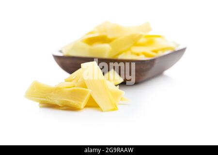 Sliced canned bamboo shoots isolated on white background. Stock Photo