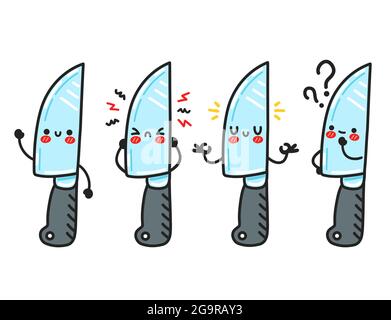 Cute funny kitchen chef knife character set collection. Vector flat cartoon kawaii character illustration icon. Isolated on white background. Chef cooking knife cartoon character bundle concept Stock Vector